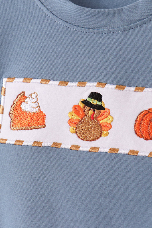 Blue Turkey Pumpkin Embroidery Gingham Pants Set