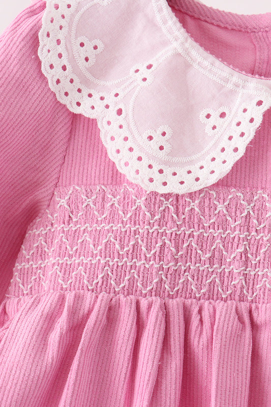 Pink Corduroy Lace Smocked Dress