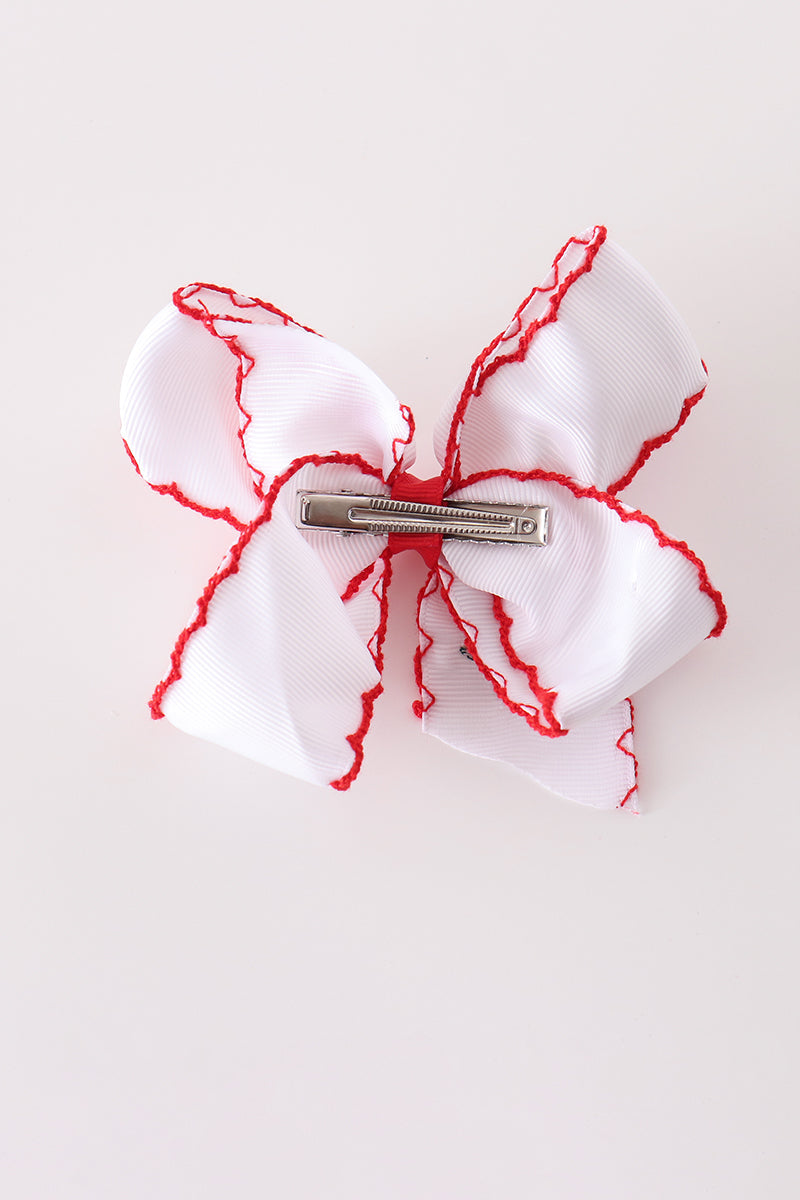 Red Candy Cane Embroidery Crochet Edge Hair Bow