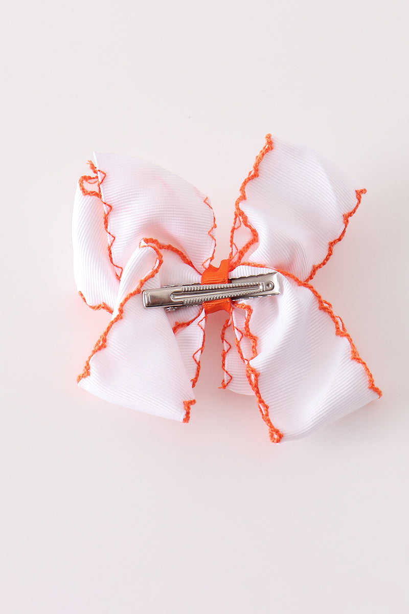 Orange Jack-O-Lantern Embroidery Crochet Edge Hair Bow