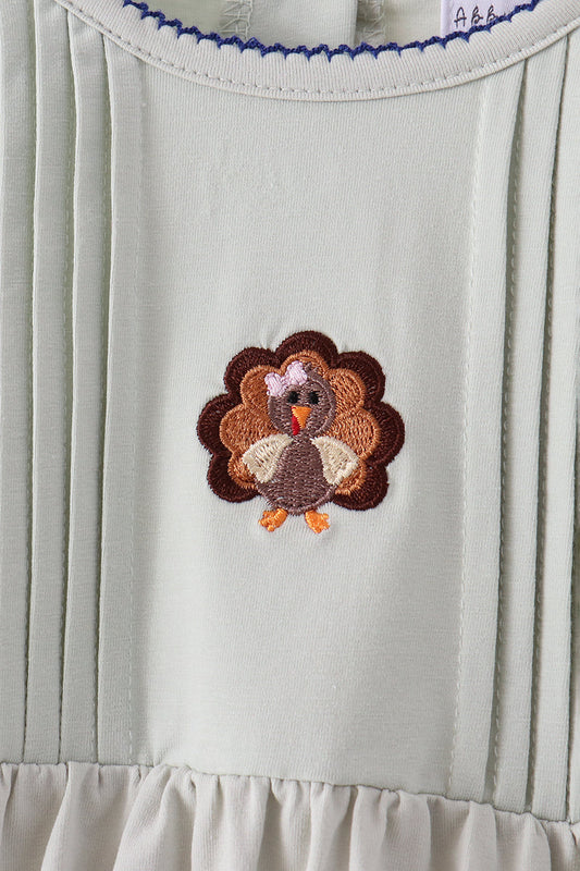 Sage Turkey Embroidery Ruffle Pants Set
