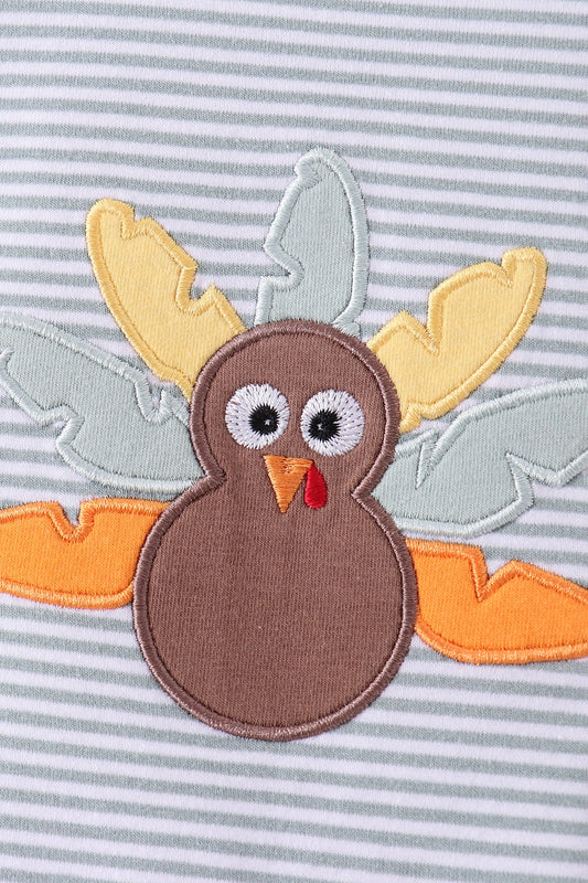 Sage Turkey Embroidery Stripe Romper