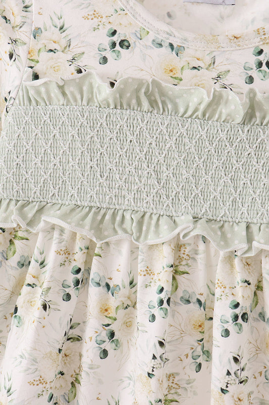 Sage Floral Smocked Ruffle Dress