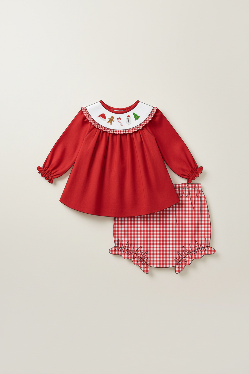 Red Holly Jolly Embroidery Ruffle Bloomer Set