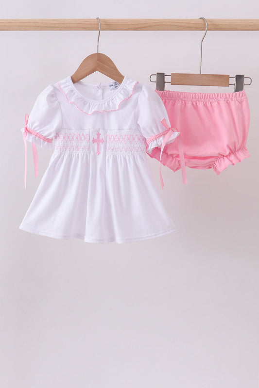 White Cross Smocked Ruffle Bloomer Set