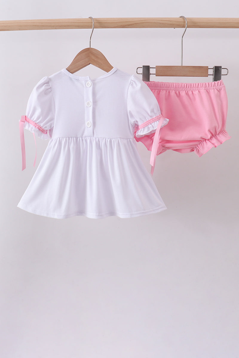 White Cross Smocked Ruffle Bloomer Set