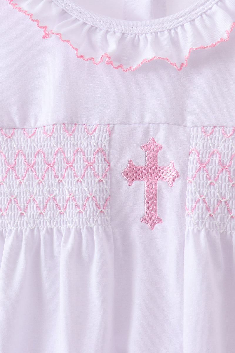 White Cross Smocked Ruffle Bloomer Set