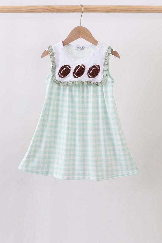 Green Football French Knot Gingham Ruffle Dress