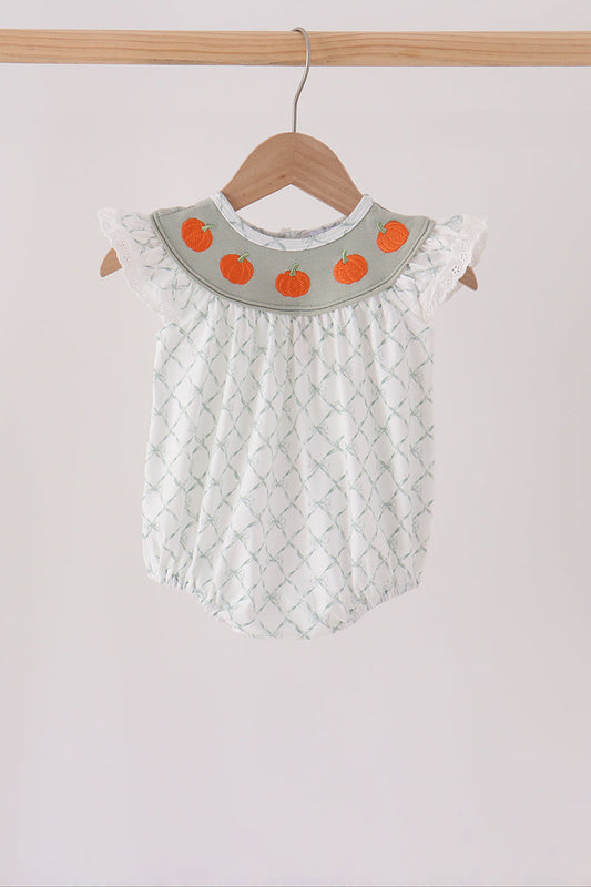 Sage Pumpkin Embroidery Bow Ruffle Bubble