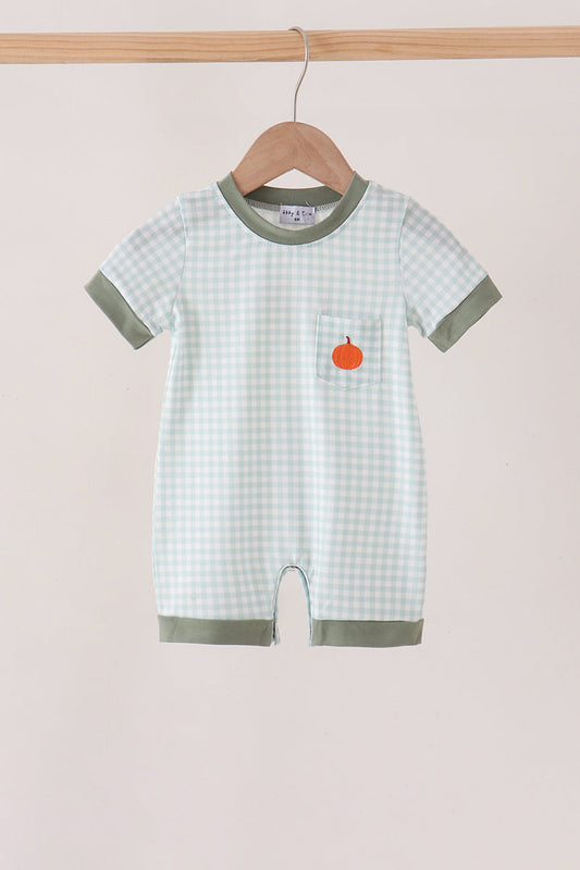 Sage Pumpkin Embroidery Gingham Romper