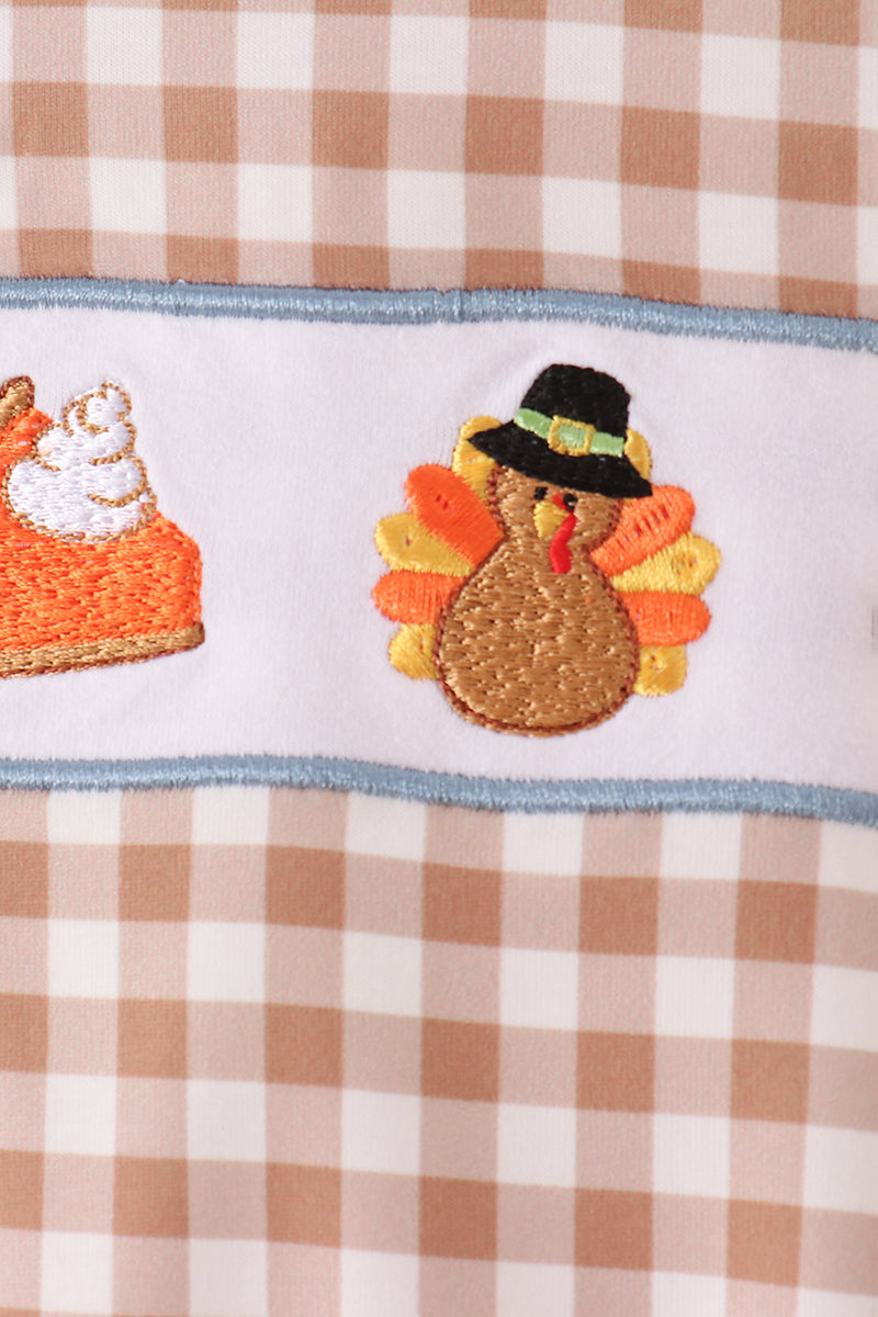 Brown Turkey Pumpkin Embroidery Gingham Ruffle Romper
