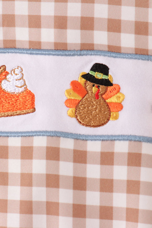 Brown Turkey Pumpkin Embroidery Gingham Ruffle Romper