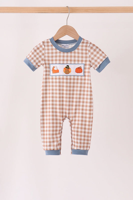 Brown Turkey Pumpkin Embroidery Gingham Romper
