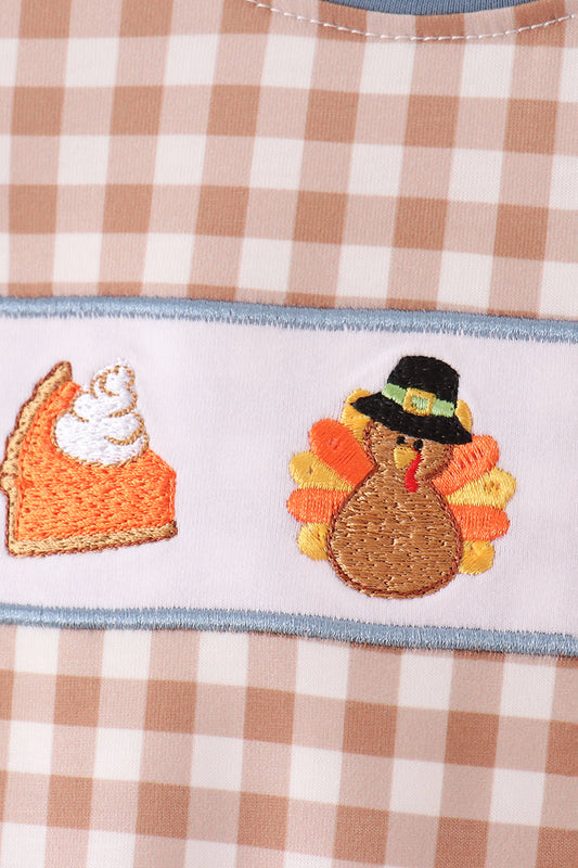 Brown Turkey Pumpkin Embroidery Gingham Romper