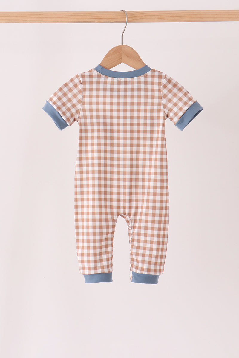 Brown Turkey Pumpkin Embroidery Gingham Romper