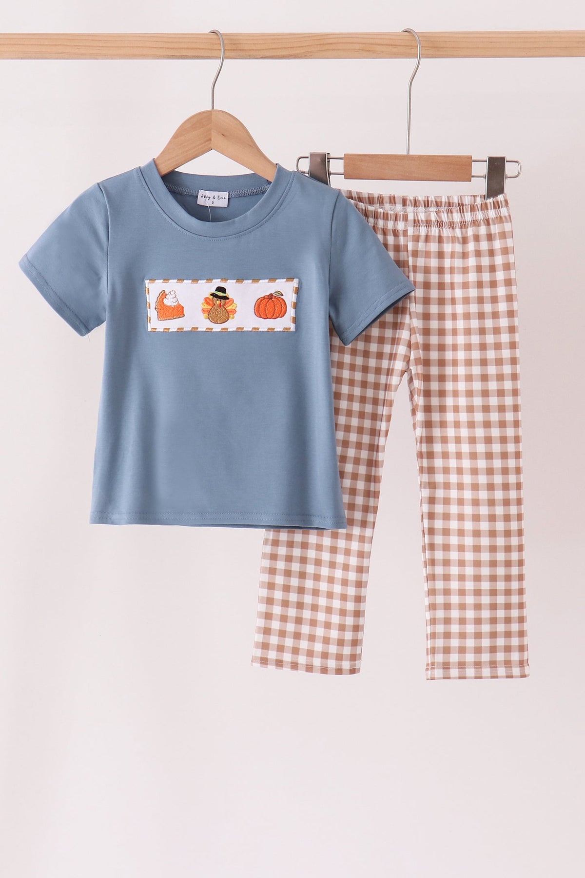 Blue Turkey Pumpkin Embroidery Gingham Pants Set