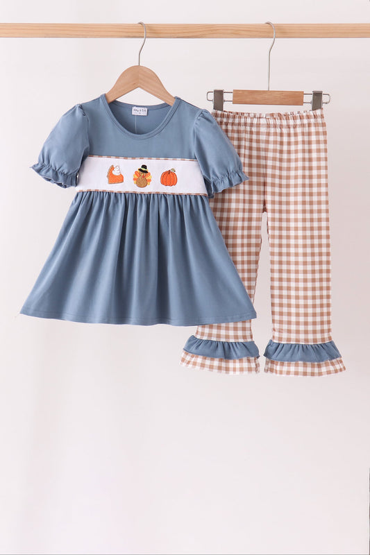 Blue Turkey Pumpkin Embroidery Gingham Ruffle Pants Set