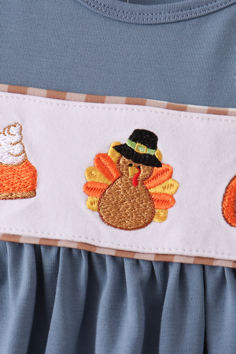 Blue Turkey Pumpkin Embroidery Gingham Ruffle Pants Set
