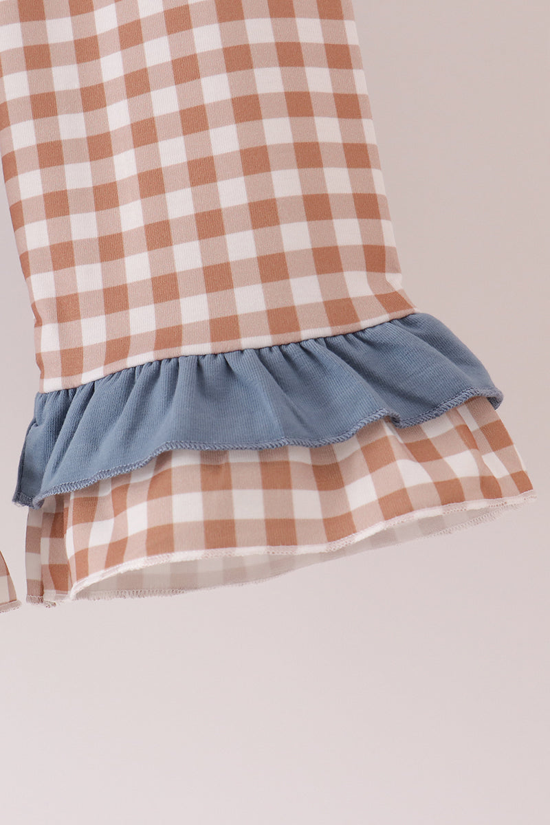 Blue Turkey Pumpkin Embroidery Gingham Ruffle Pants Set