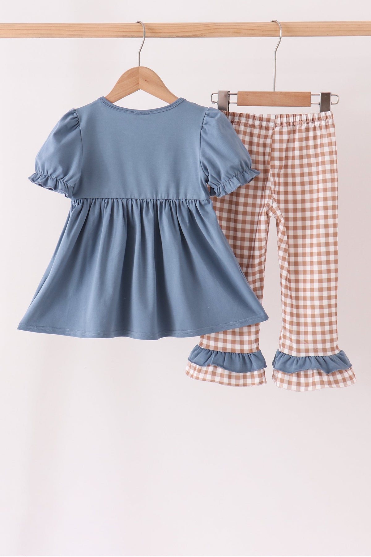 Blue Turkey Pumpkin Embroidery Gingham Ruffle Pants Set