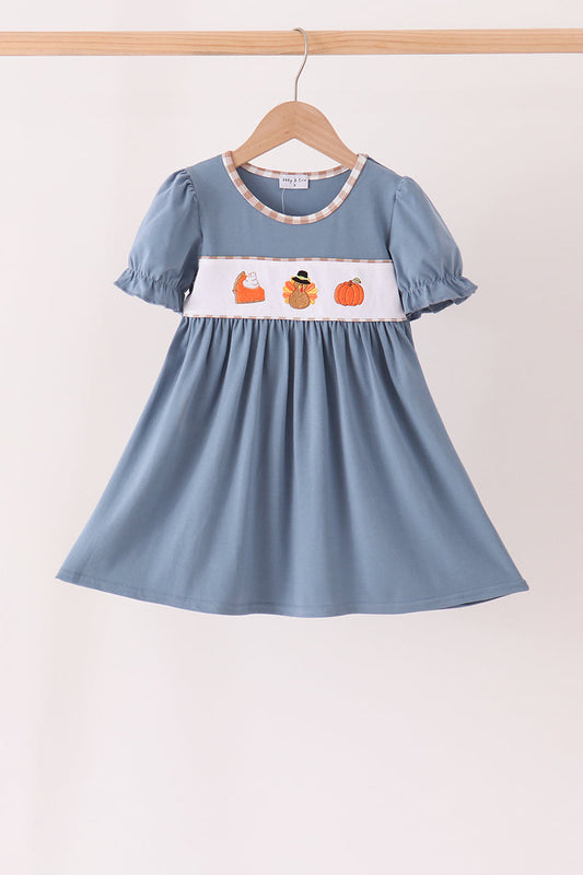 Blue Turkey Pumpkin Embroidery Dress