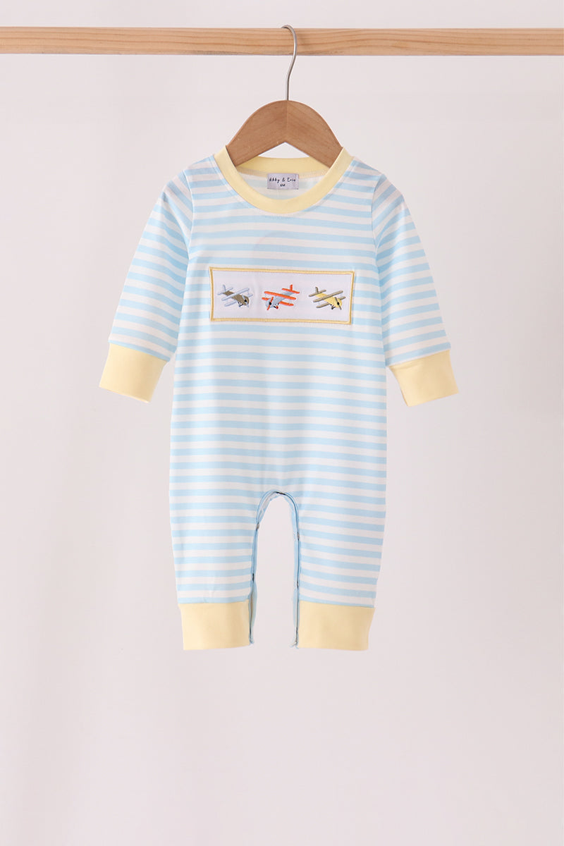 Blue Airplane Embroidery Stripe Romper