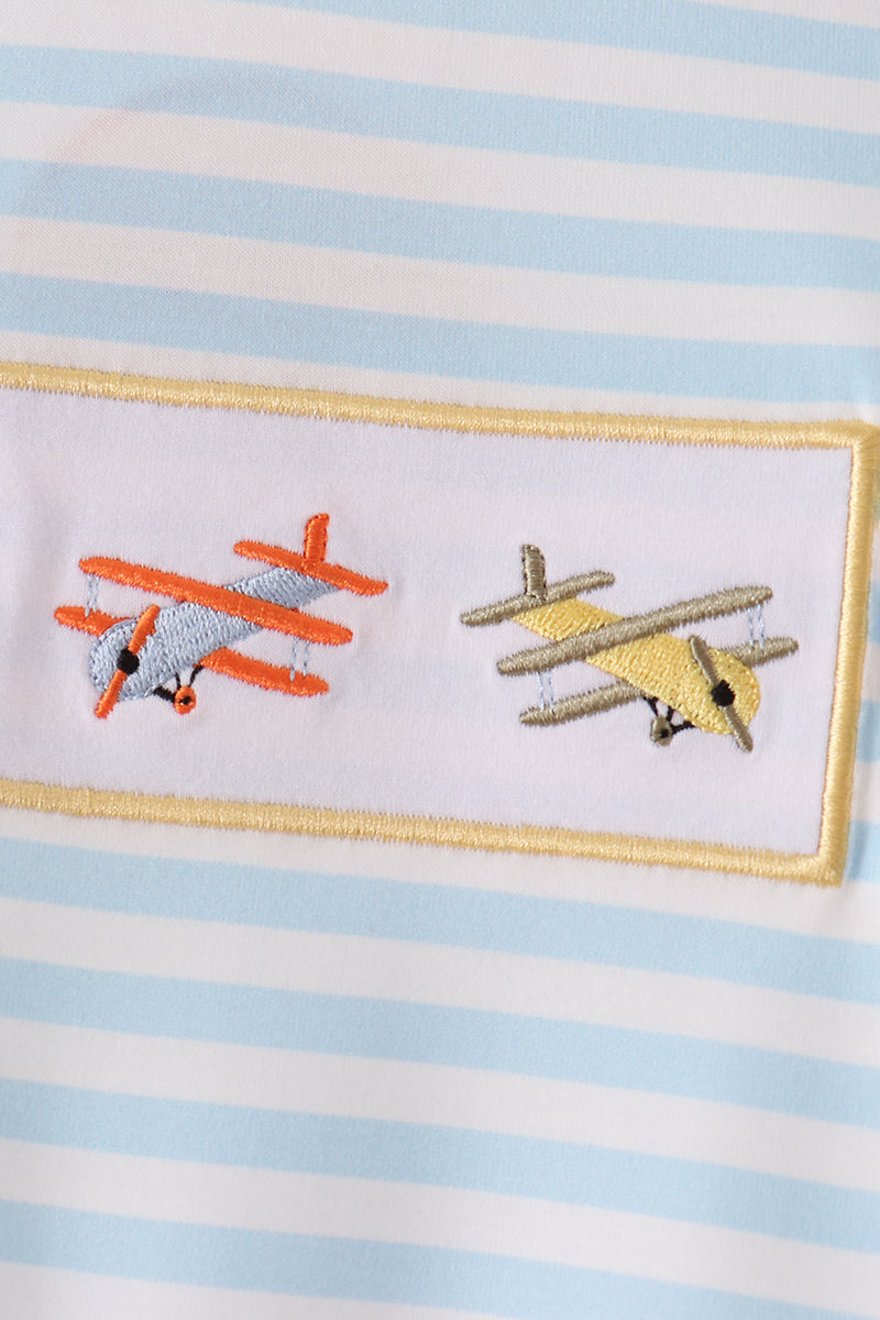 Blue Airplane Embroidery Stripe Romper