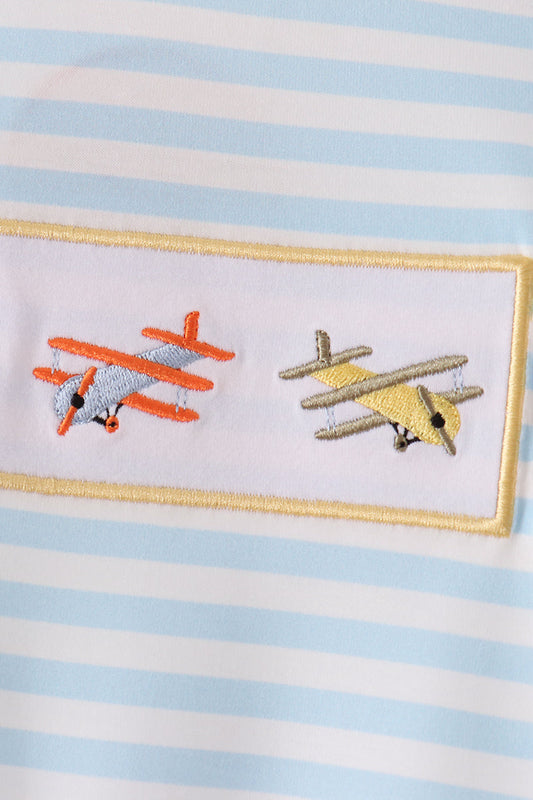 Blue Airplane Embroidery Stripe Romper