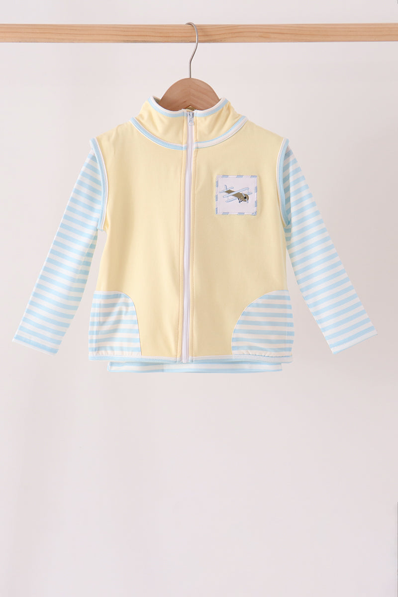 Blue Airplane Embroidery Stripe Vest Set