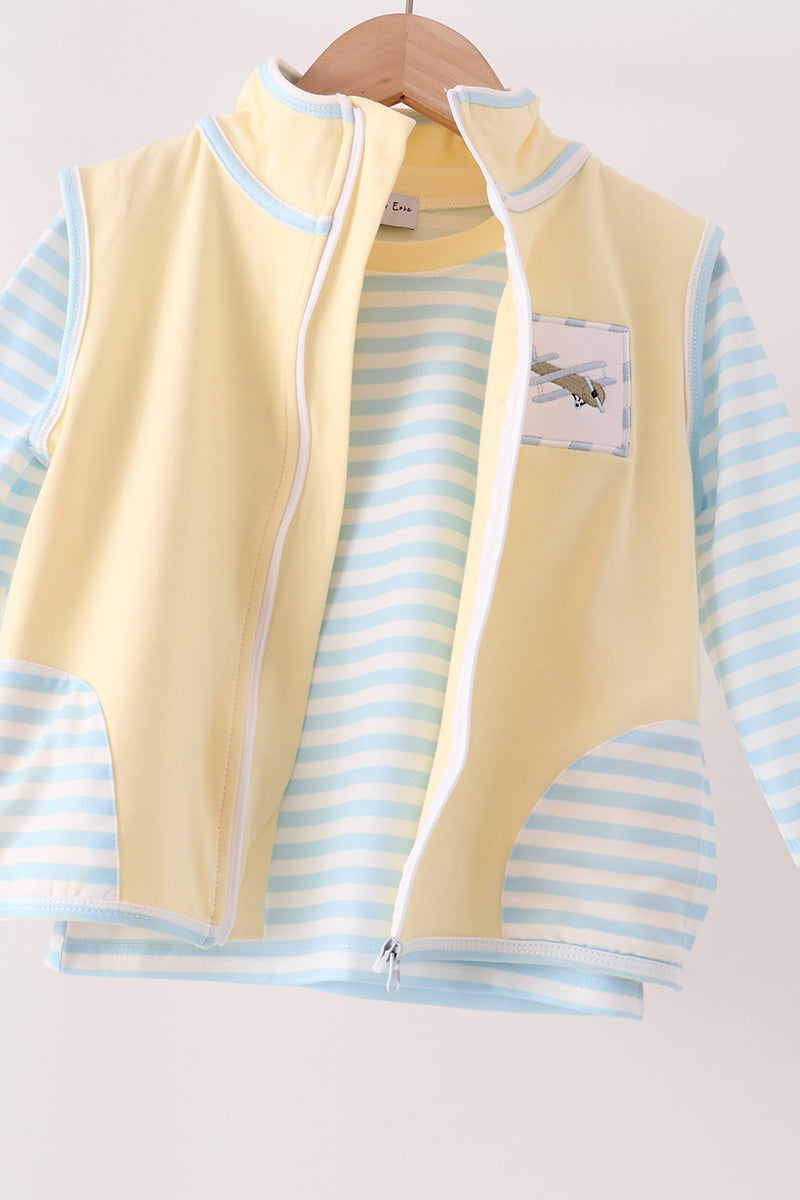 Blue Airplane Embroidery Stripe Vest Set