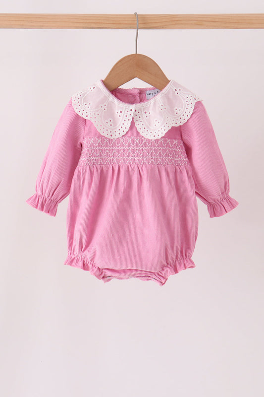 Pink Corduroy Lace Smocked Bubble