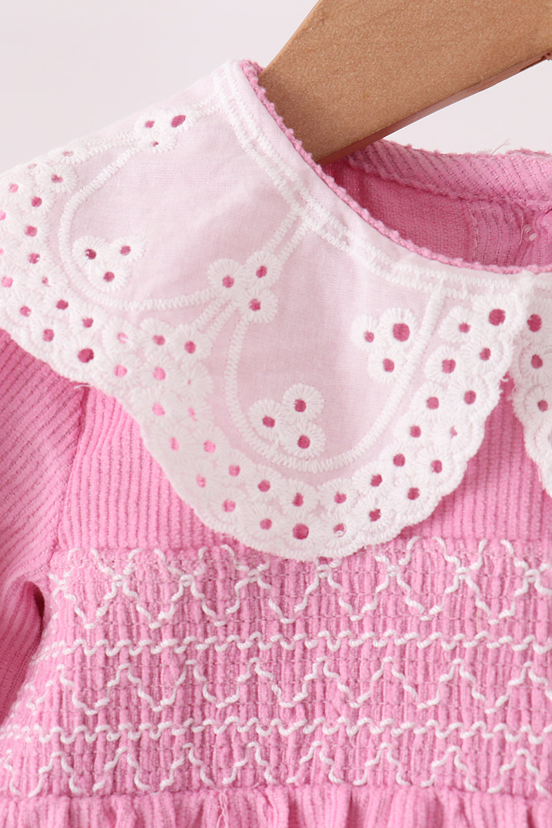 Pink Corduroy Lace Smocked Bubble
