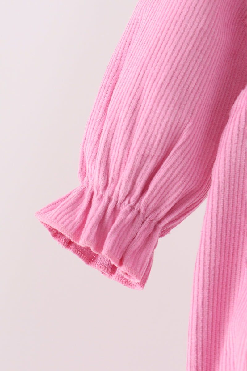 Pink Corduroy Lace Smocked Bubble