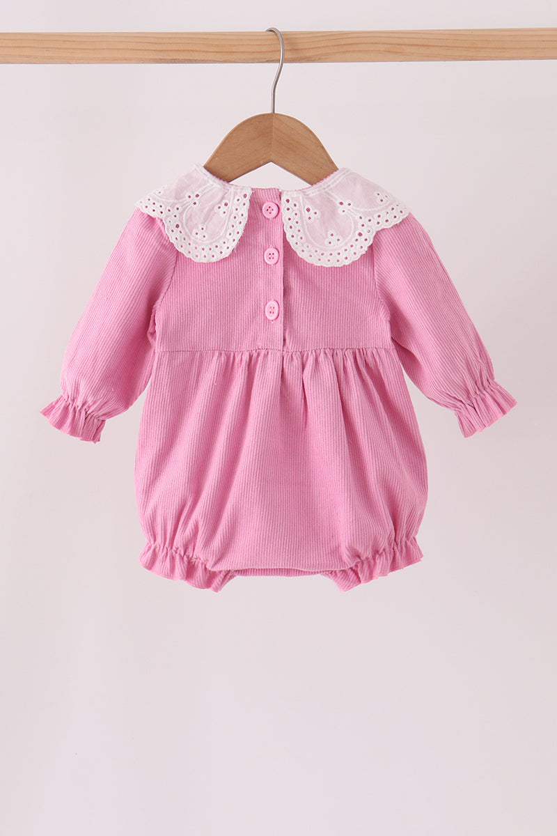 Pink Corduroy Lace Smocked Bubble