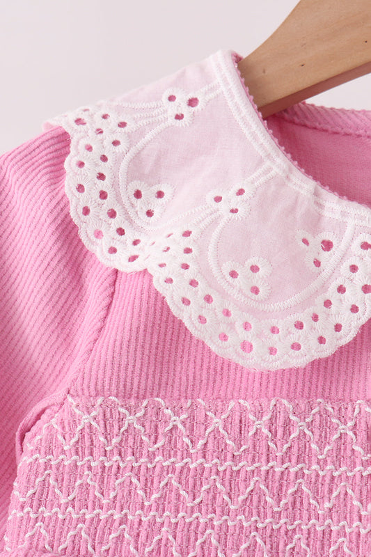 Pink Corduroy Lace Smocked Bloomer Set