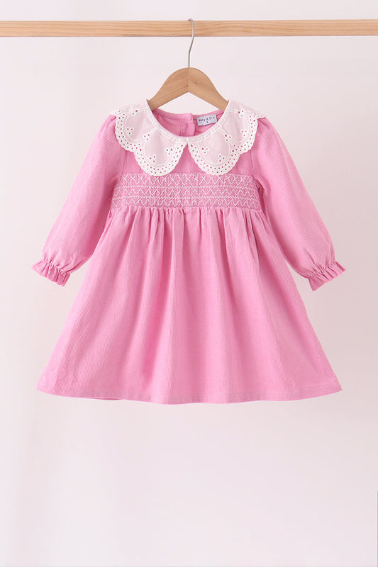 Pink Corduroy Lace Smocked Dress