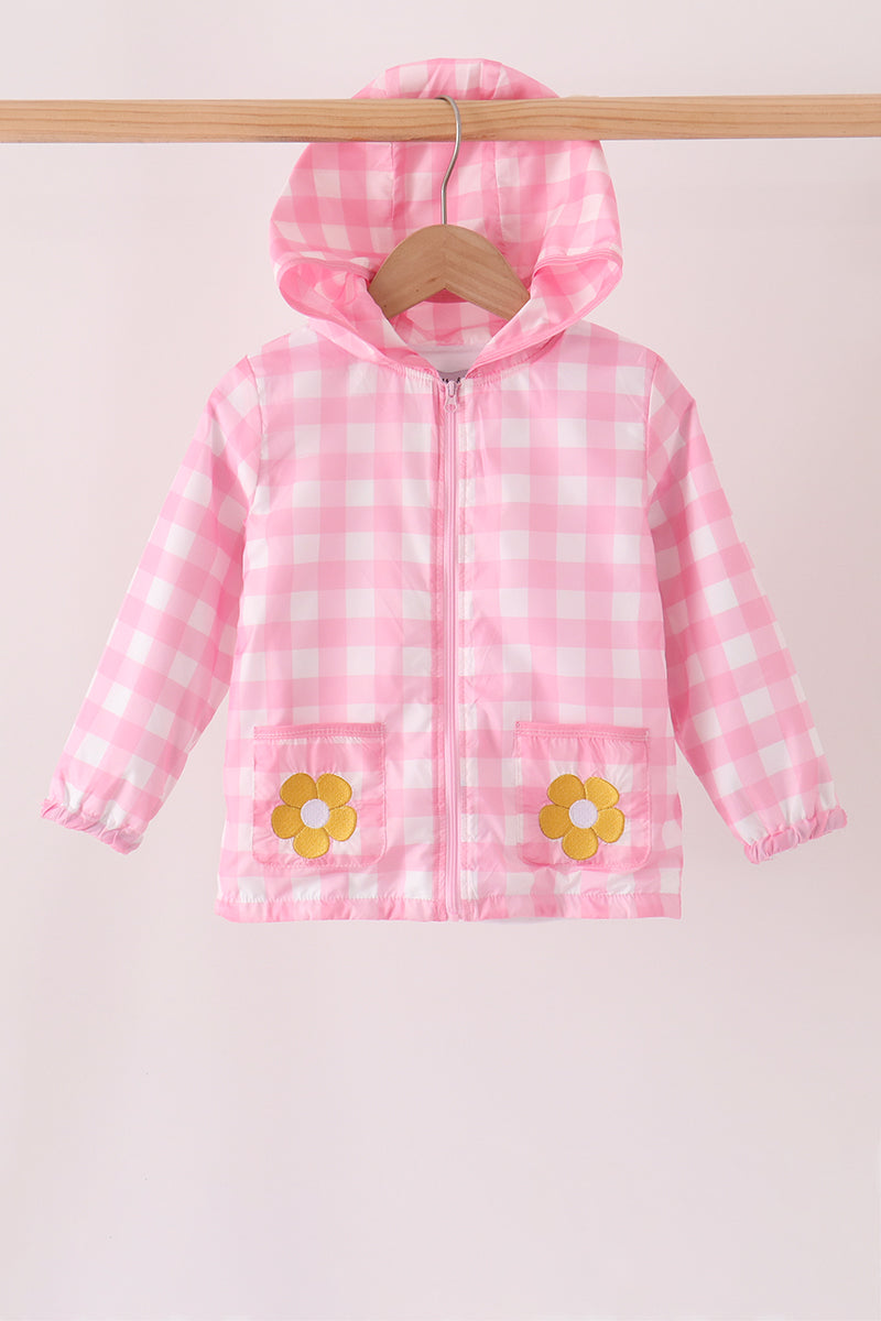 Pink Floral Embroidery Gingham Raincoat