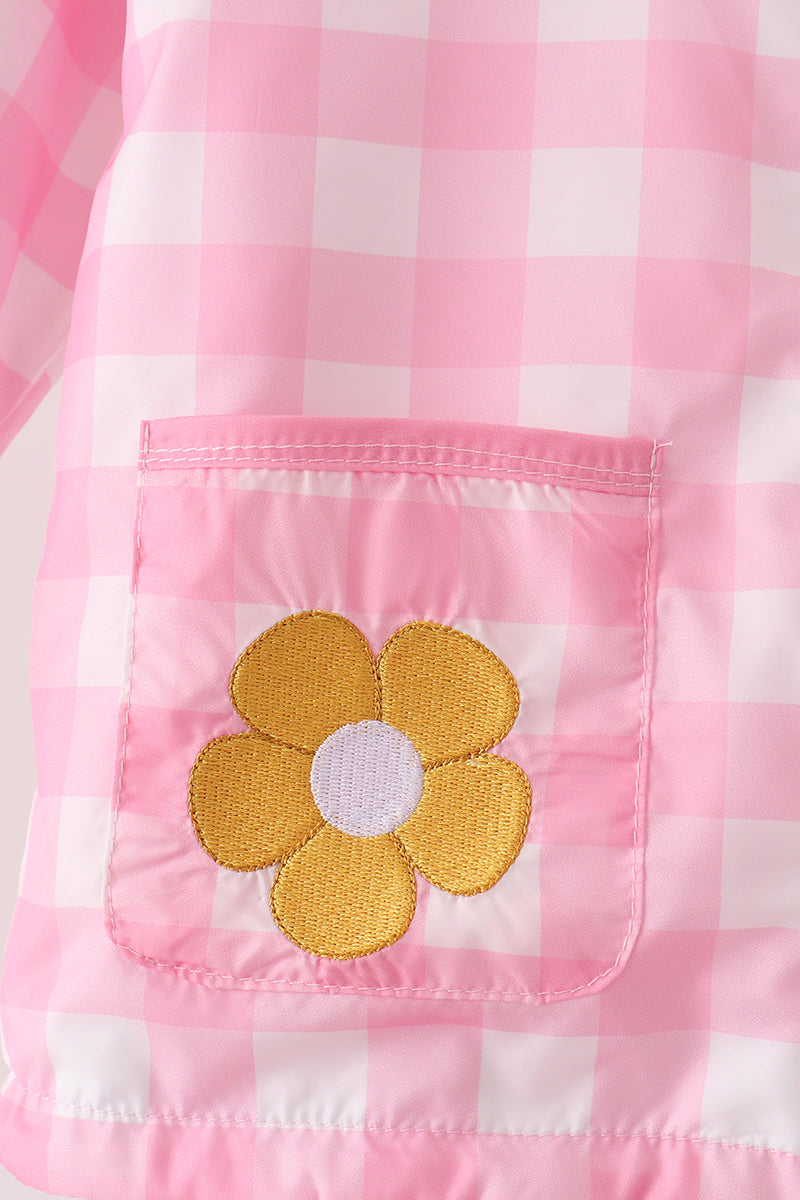 Pink Floral Embroidery Gingham Raincoat