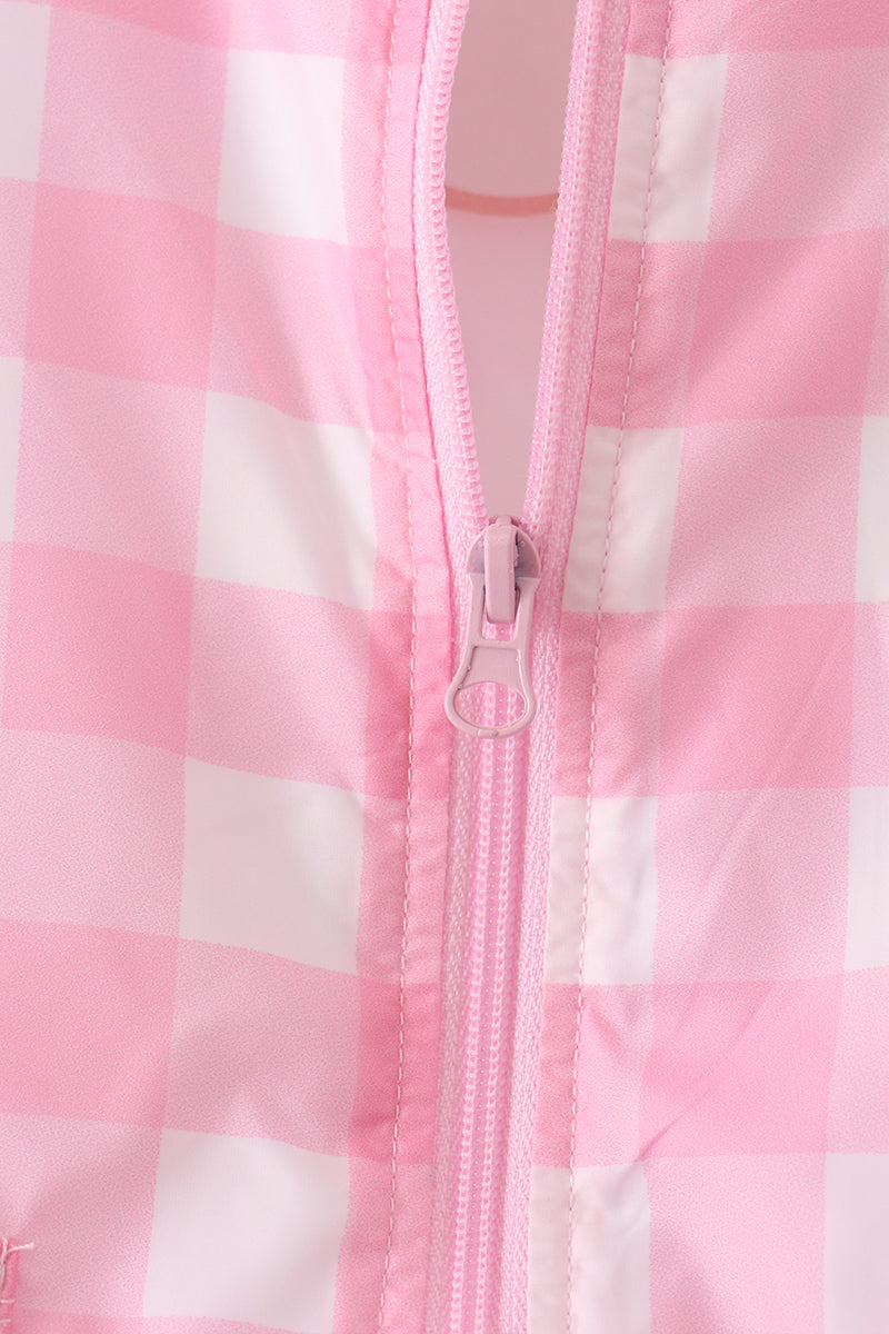Pink Floral Embroidery Gingham Raincoat