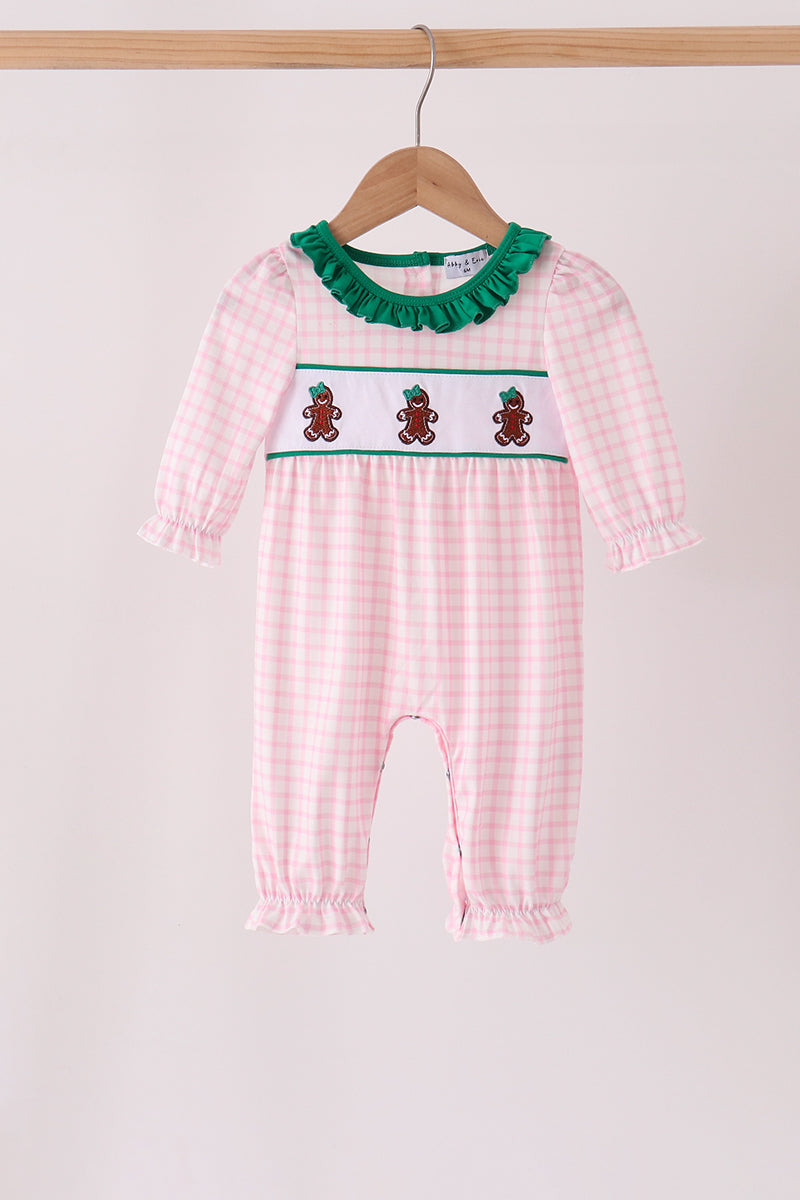 Pink Plaid Gingerbread Embroidery Ruffle Romper
