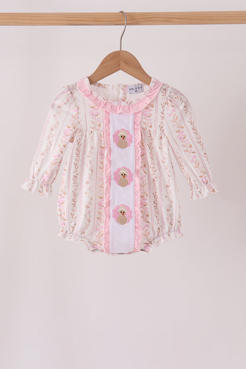 Pink Floral Turkey Embroidery Ruffle Bubble