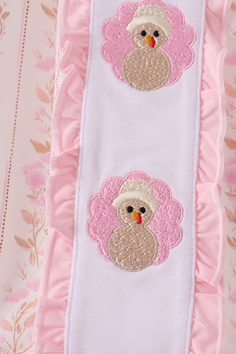 Pink Floral Turkey Embroidery Ruffle Bubble