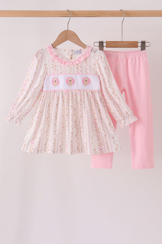 Pink Floral Turkey Embroidery Ruffle Pants Set