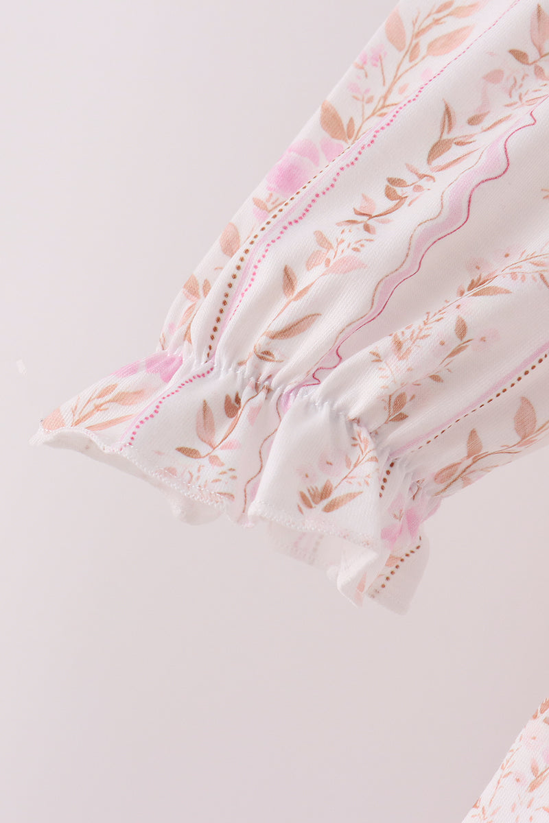 Pink Floral Turkey Embroidery Ruffle Pants Set