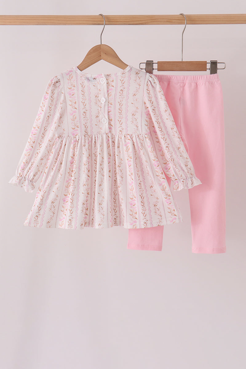 Pink Floral Turkey Embroidery Ruffle Pants Set