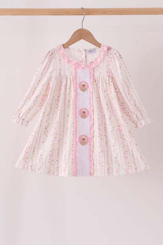 Pink Floral Turkey Embroidery Ruffle Dress