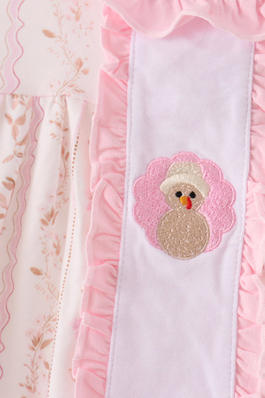 Pink Floral Turkey Embroidery Ruffle Dress