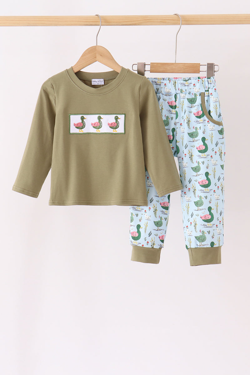 Green Mallard Embroidery Pants Set
