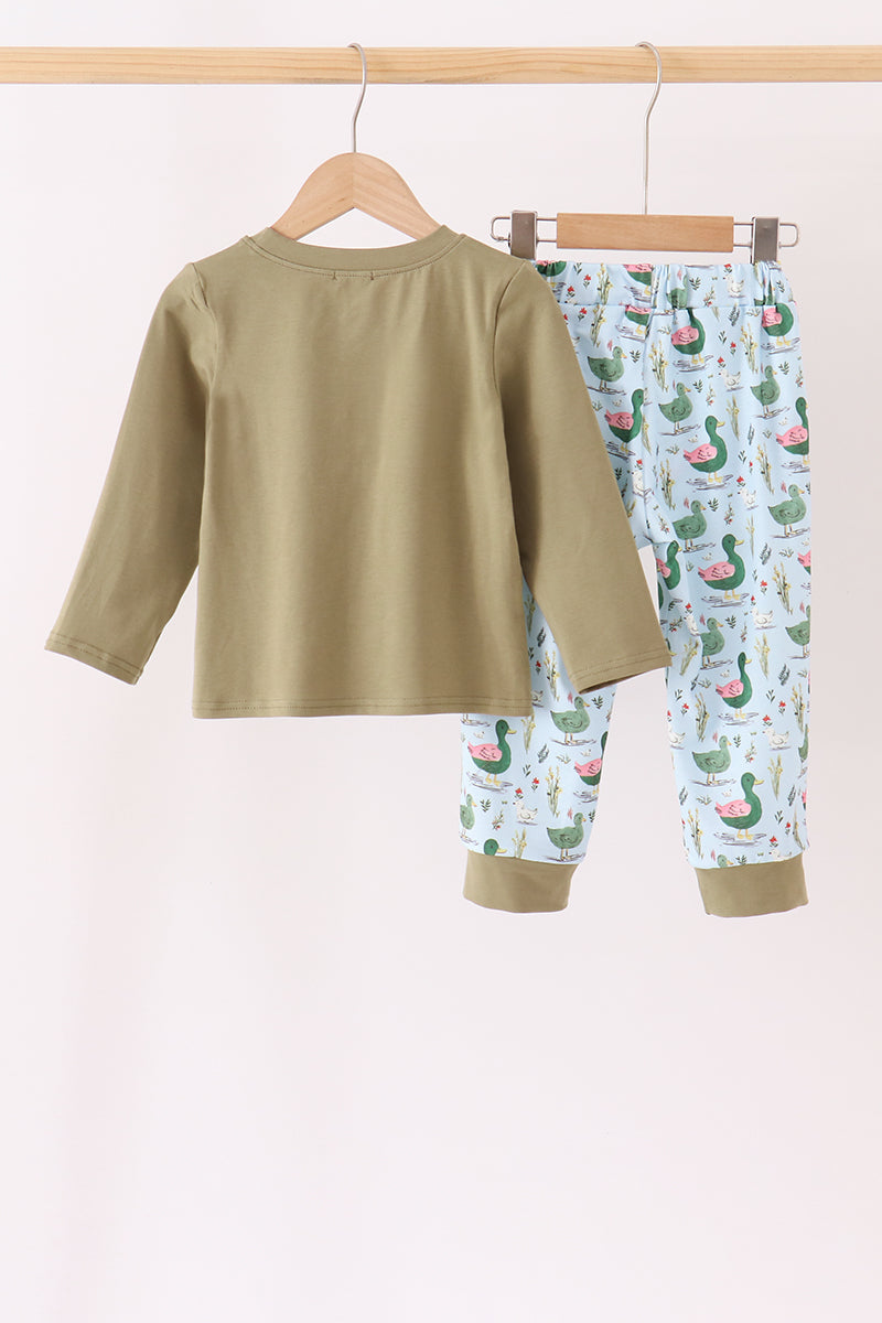 Green Mallard Embroidery Pants Set