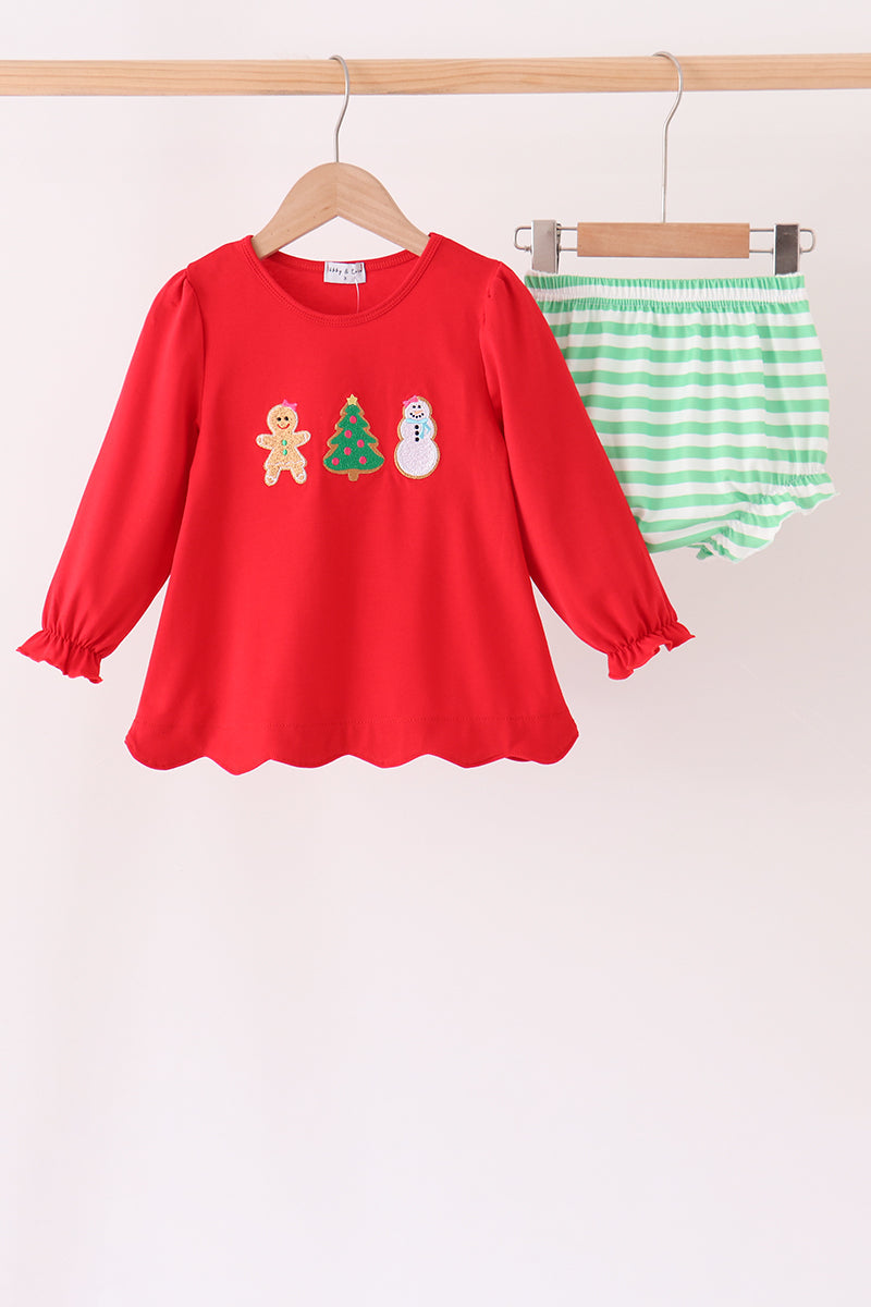 Red Gingerbread Tree Embroidery Bloomer Set